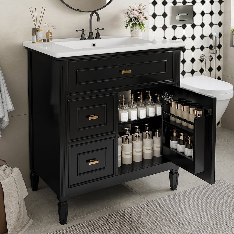 30" Bathroom Vanity with Sink, Bathroom Vanity Cabinet with One Flip Drawer and Two Drawers, Adjustable Shelf