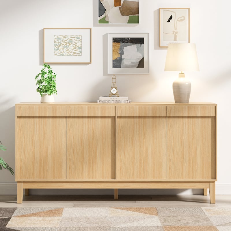 Minimal Wood Grain Four-Door Oak Buffet Sideboard