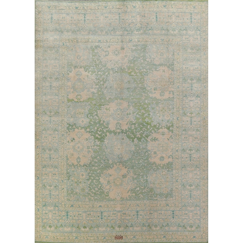 Hand Knotted Oriental 100% Wool Carpet Transitional All-Over Green Oushak Area Rug - 11' 10'' X 9' 0''