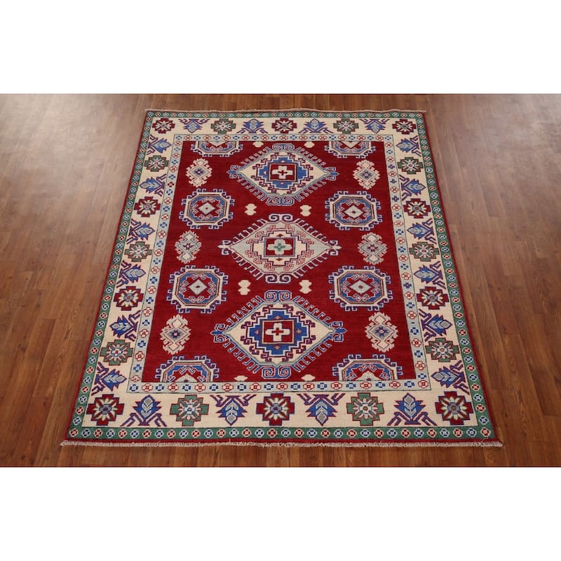 Red Geometric Kazak Rug Hand-Knotted Wool Carpet - 5'3" x 6'5"