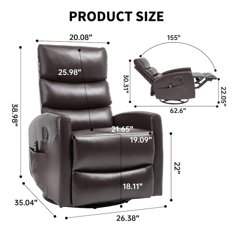 360° Swivel Rocking Recliner with Heat & Massage in Faux Leather