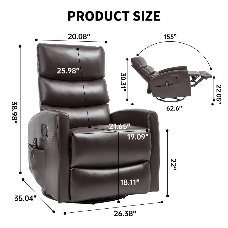 Roomfitters Manual Swivel Rocker Recliner Chair with Heat and Massage Fabric Glider Lounge Sofa for Living Room