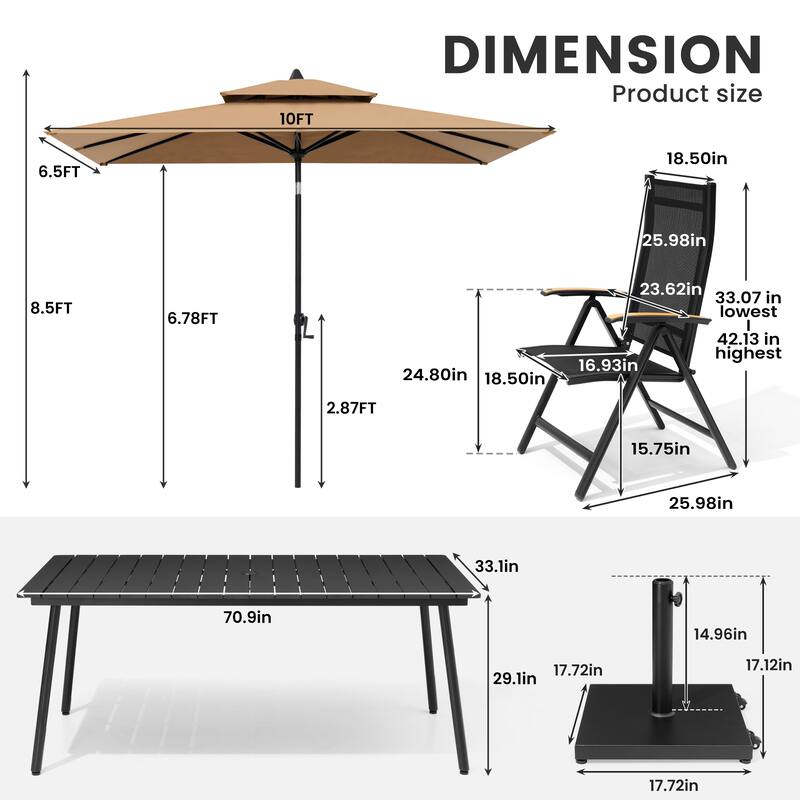 9/11-Piece Outdoor Patio Dining Set Aluminum Dining Table and Folding Chairs w/10 ft Umbrella and Base