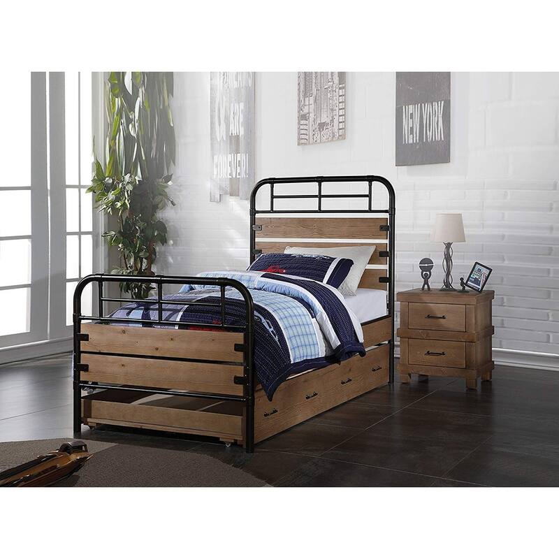 Twin Trundle Bed Frame - Mountain Lodge Style, Antique Oak Finish, Metal & Wood Construction