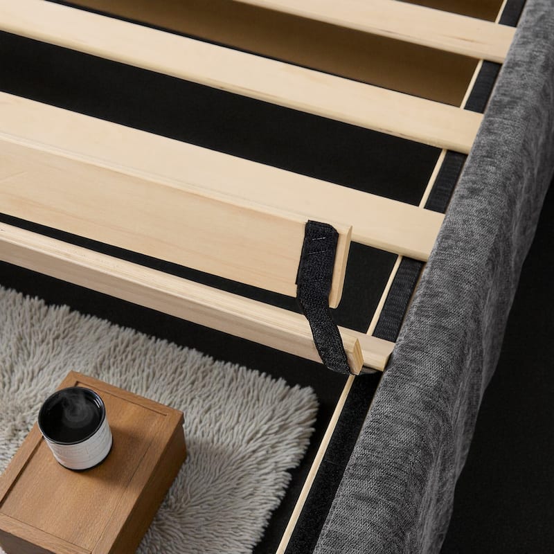 Queen Upholstered Platform Bed with Pleated Chenille Headboard, Built-in Bedside Table & Adjustable Lamps, No Box Spring