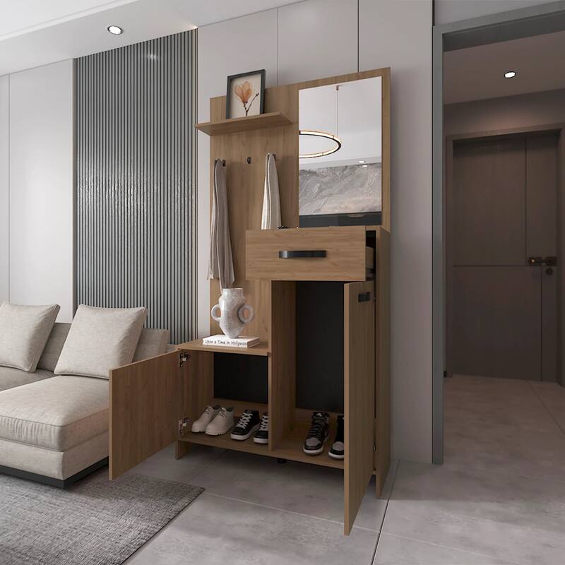 Tall Hall Tree with Mirror, Multi-Shelf Storage, Drawer, and Adjustable Legs for Organized Entryways - Natural Wood