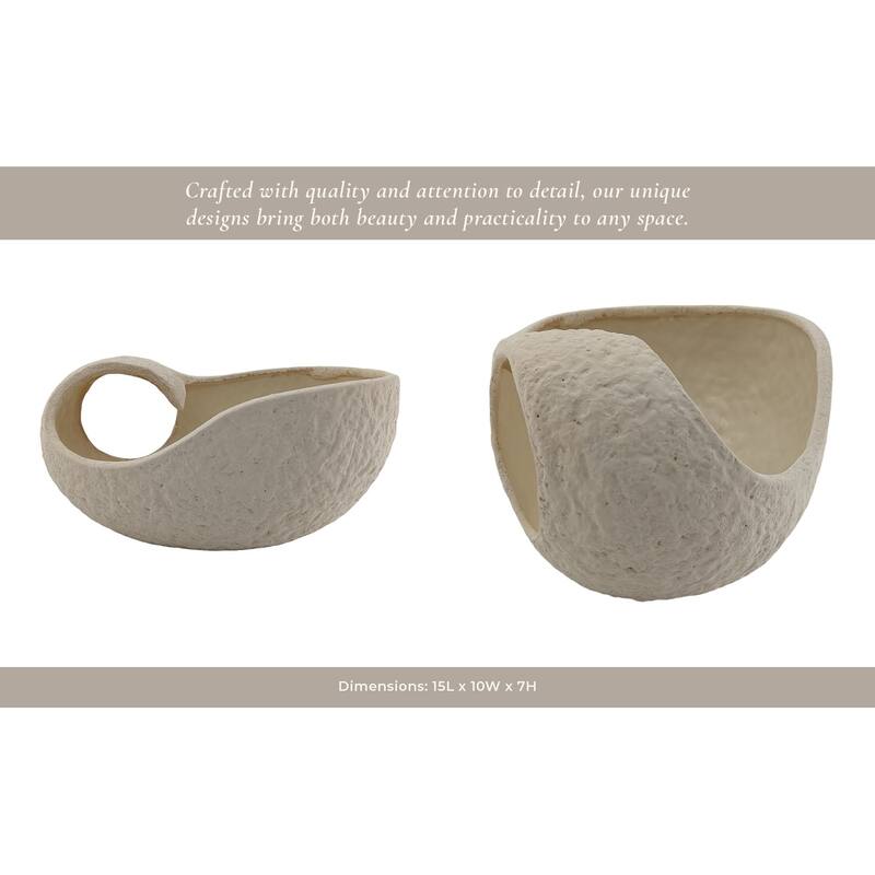 Ceramic Decorative Bowl Form Modern Textured Design - 7" Ivory - 15" x 10" x 7"