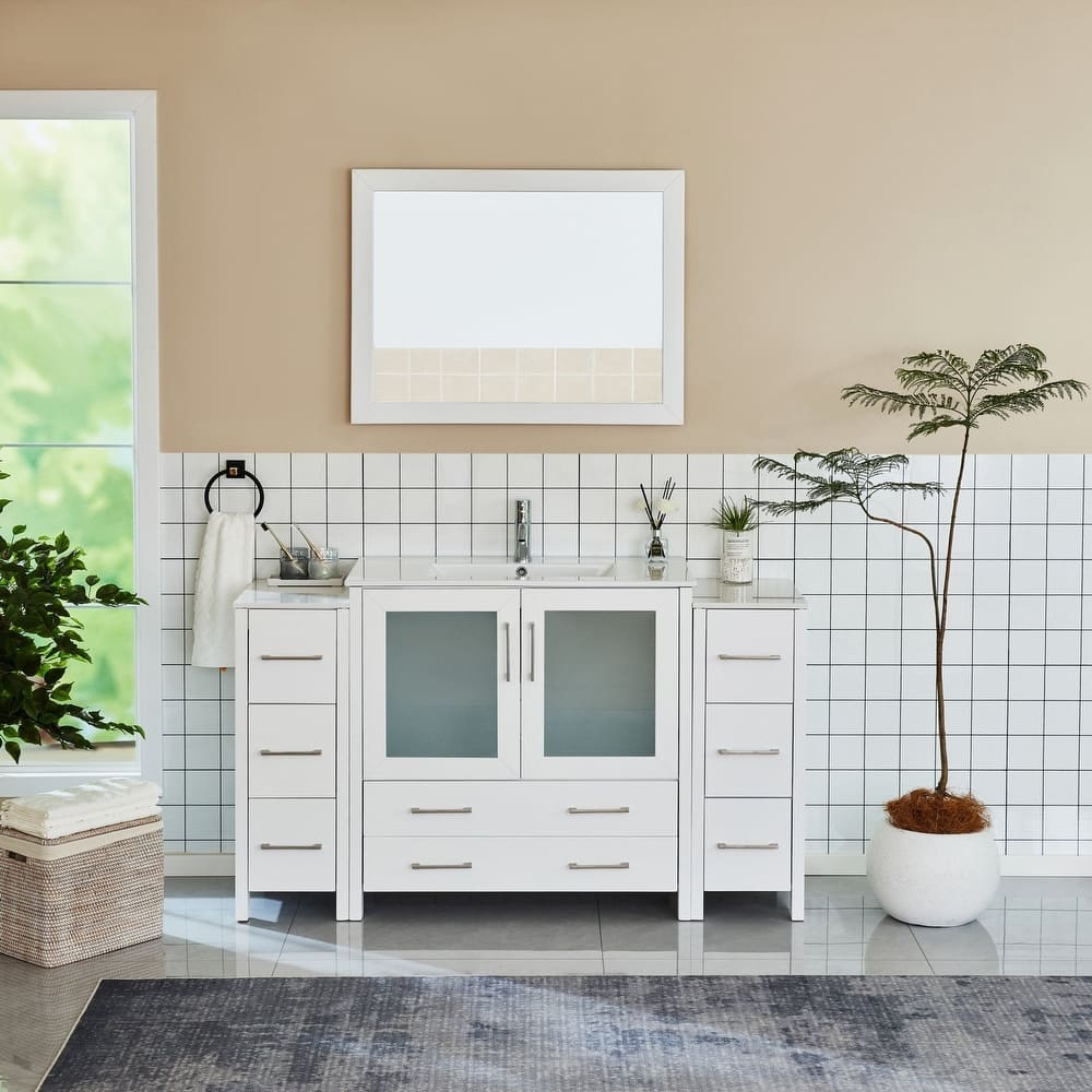 Vanity Art 60-Inch Single Sink Bathroom Vanity Set 8 Dove-Tailed Drawers 3 Cabinets 1 Shelf Soft-Closing Doors with Free Mirror