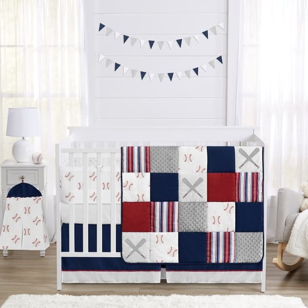 slide 2 of 6, Sweet Jojo Designs 6p Crib Bedding + BreathableBaby Breathable Mesh Liner - Baseball Patch Sports Boy Red Americana