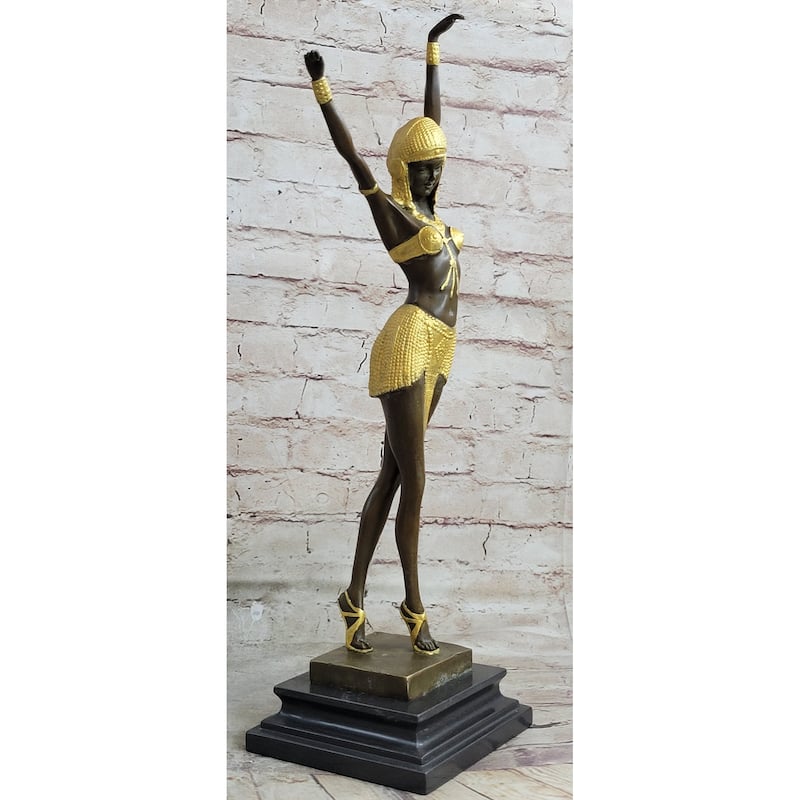 Signed Gold Patina Tall Chiparus Lady Bronze Sculpture On Marble Base Figurine