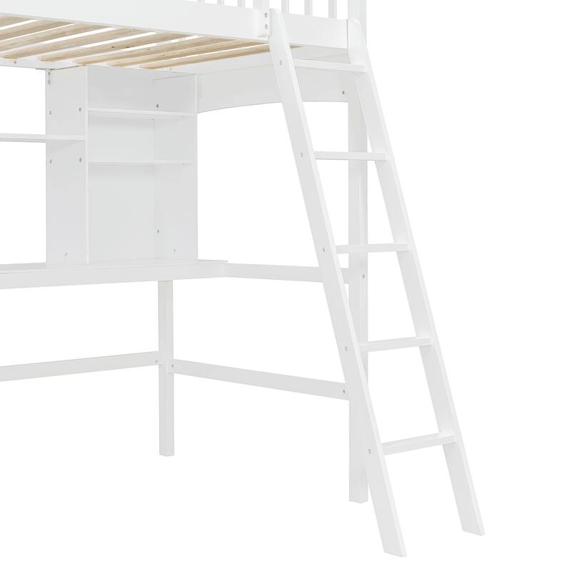 Twin Size Loft Bed with Storage Shelves, Desk, and Ladder