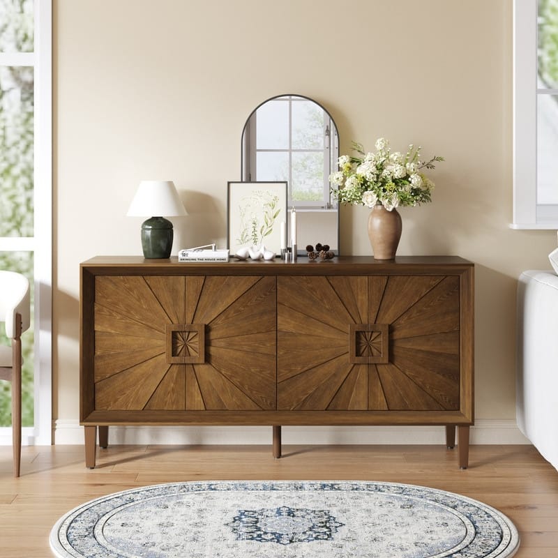 Rustic Farmhouse 59.8" Credenza, Durable Antique Wood Storage Unit for Living Room or Kitchen Use - Antique Brown