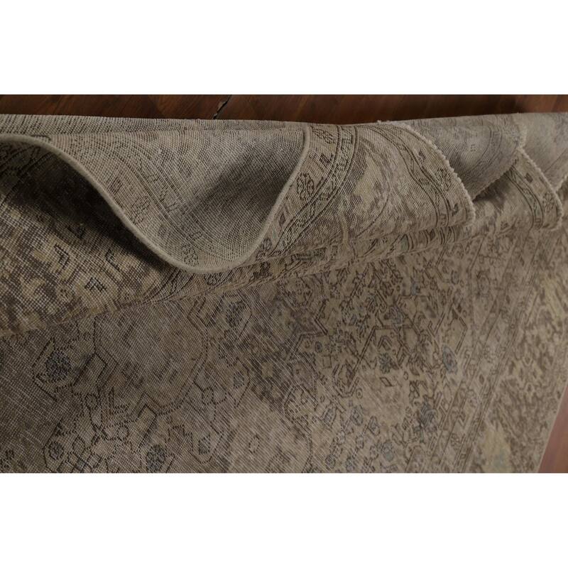 Geometric Tabriz Persian Vintage Rug Hand-Knotted Beige Wool Carpet - 9'1" x 12'4"