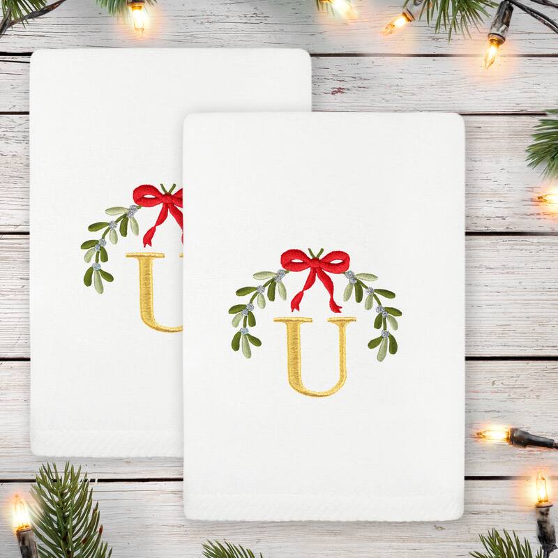 Authentic Hotel and Spa Christmas MISTLETOE MONOGRAM Embroidered Luxury 100% Turkish Cotton Hand Towels Set of 2