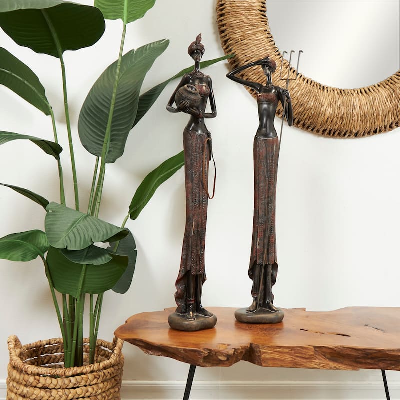 Red Polystone Handmade Tall African Women People Decorative Sculpture with Carved Dresswear (Set of 2) - Red