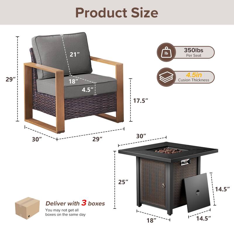 Meyreso 5-Piece Wicker Patio Conversation Set with Metal Fire Pit & Plush 4.5" Olefin Cushions