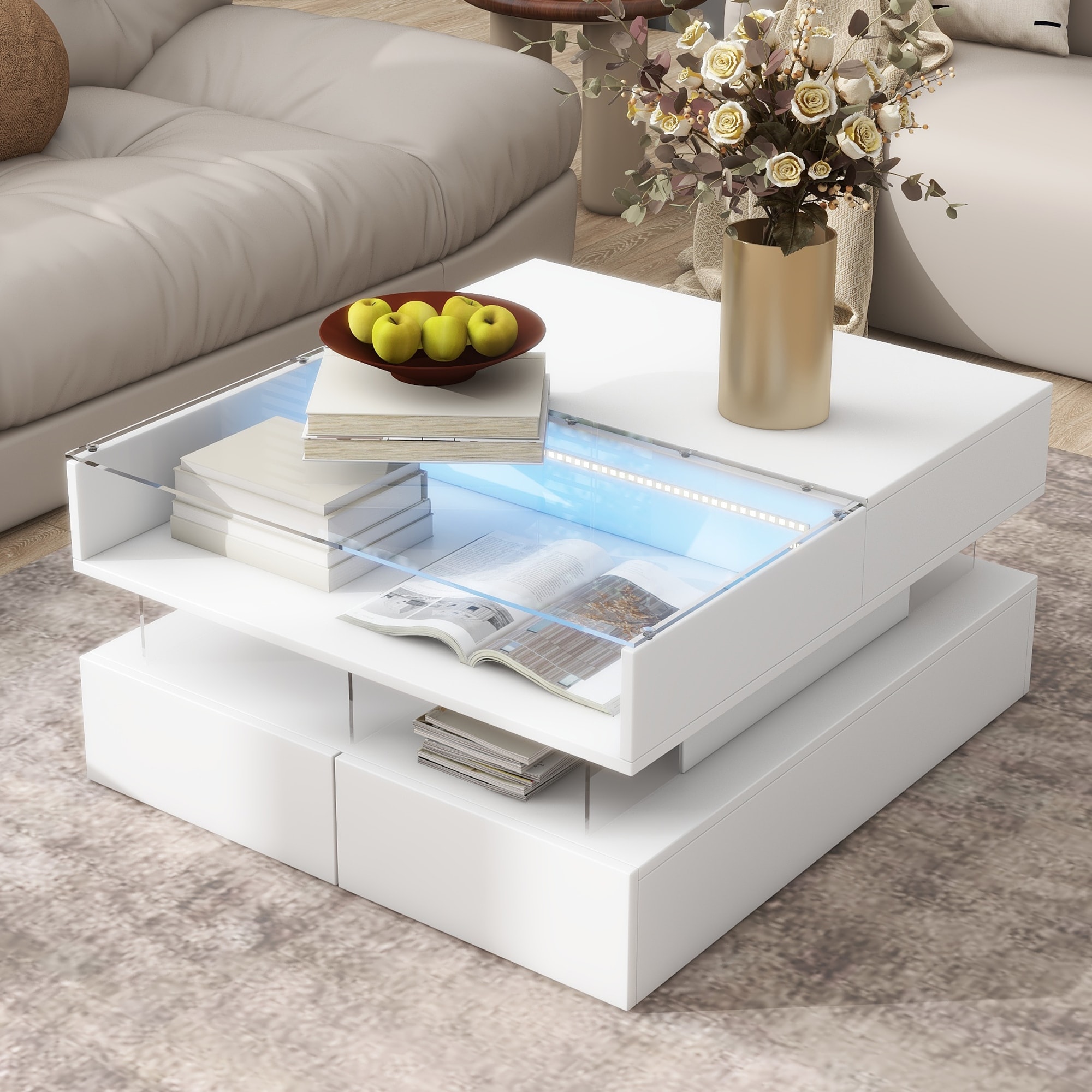 Lift-Top Coffee Table with 2 Drawers, Modern Square Coffee Table with Glass Top and High-Gloss Finish