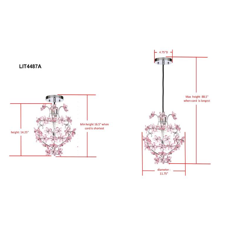 SAFAVIEH Lighting Kori 12-inch Floral Chrome/ Pink Adjustable Pendant Lamp - 11.75"x11.75"x16.5-88.5"