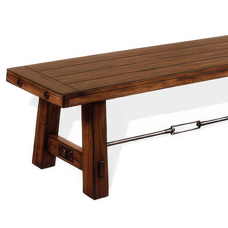 Reggie Wooden Bench | Rustic Brown Mahogany Wood, Angled Legs | Turnbuckle Accents | 64"
