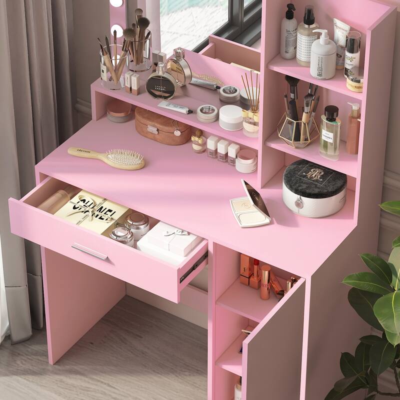 Vanity Desk with Mirror and Lights, Makeup Vanity with Drawer and Storage Shelves, Dressing Table with 3 Lighting Modes