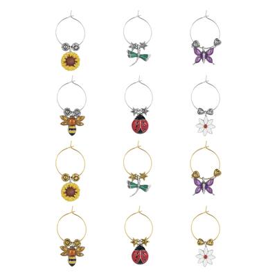 Wine Things 12-Piece Wine Charms/Wine Glass Tags/Drink Markers for Stem Glasses, Wine Tasting Party (Flowers & Friends)
