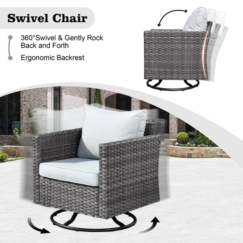 HOOOWOOO 9-piece Grey Wicker Patio Outdoor Sectional Set with Swivel Rocking Chair