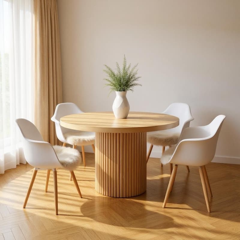 HomeRoots 48" Natural Wood Pedestal Base Round Top Dining Table - 48 in. x 30 in. x 48 in. - Oak - 48 in. x 30 in.  x 48 in.