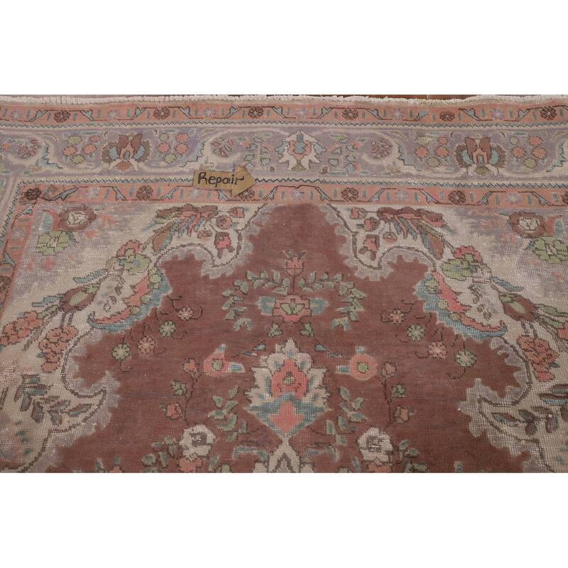 Vintage Tabriz Persian Vintage Area Rug Handmade Brown Wool Carpet - 6'8"x 10'0"
