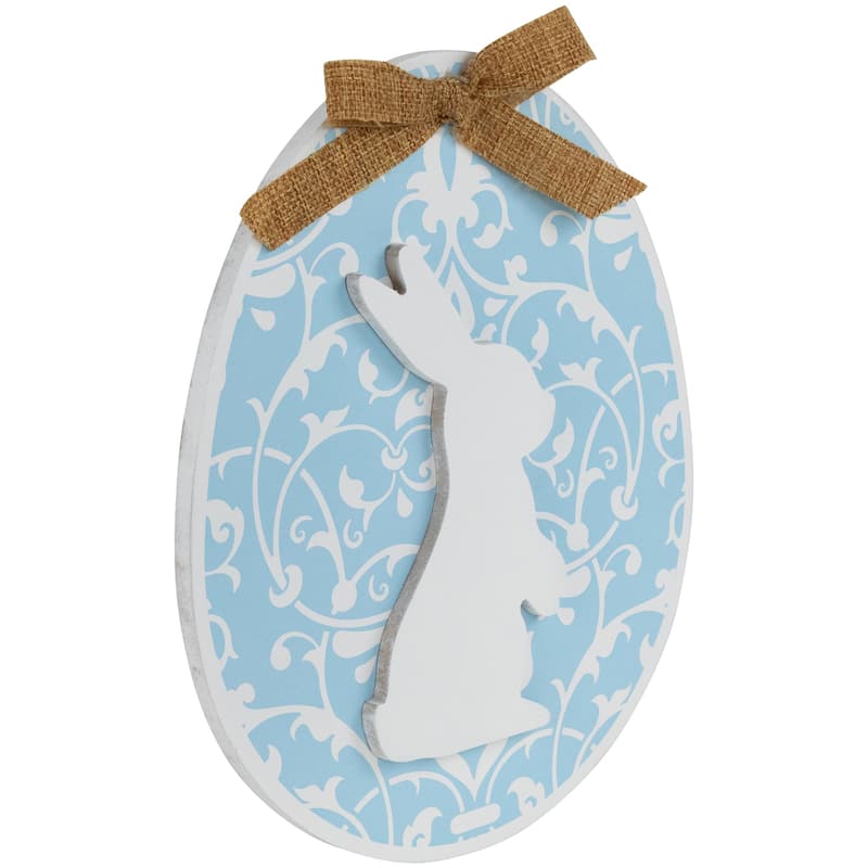 Easter Egg with Bunny and Burlap Bow Wooden Wall Decoration - 9.5" - Blue
