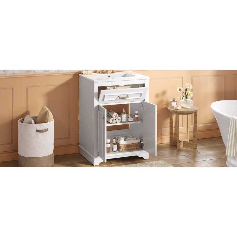 Roomfitters 24 Inch Bathroom Vanity with Integrated Ceramic Sink, Storage Cabinet & Tilt-Down Compartment