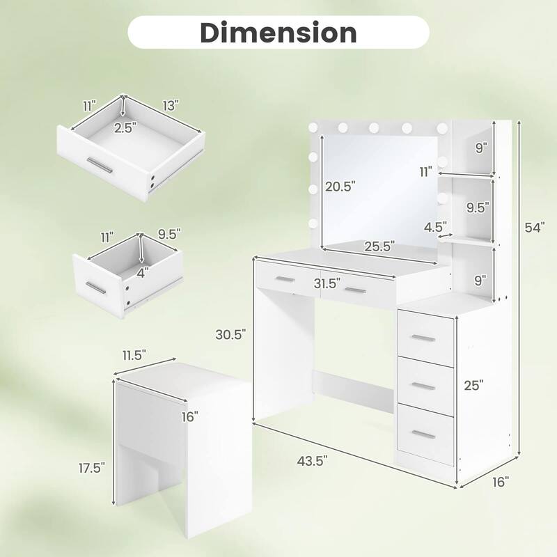 Costway 43.5" Makeup Table Set Vanity Desk with Storage Stool Power - See Details