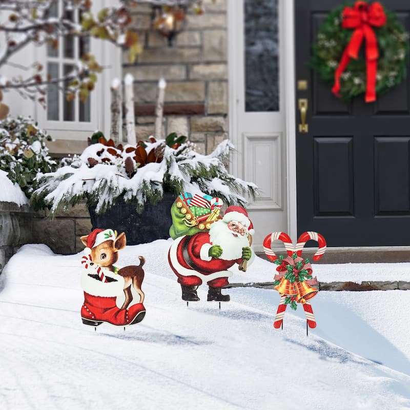 Glitzhome Set of 3 Christmas Metal Santa Snowman Tree Reindeer Candy Cane Yard Stakes Wall Decor - Santa&Reindeer&Candy Cane