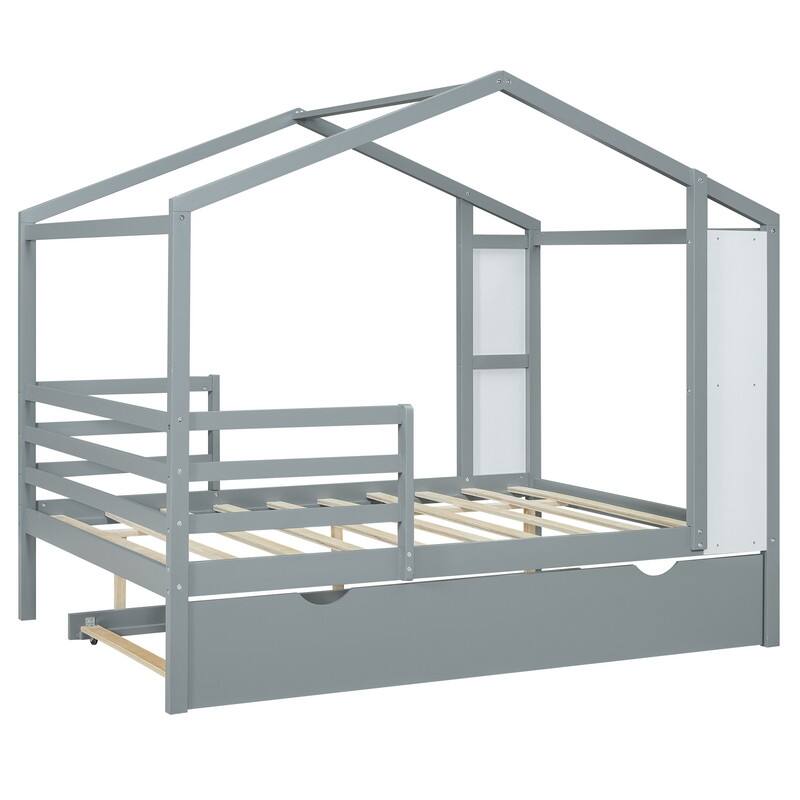 Full Size Wood House Bed with Fence and Writing Board