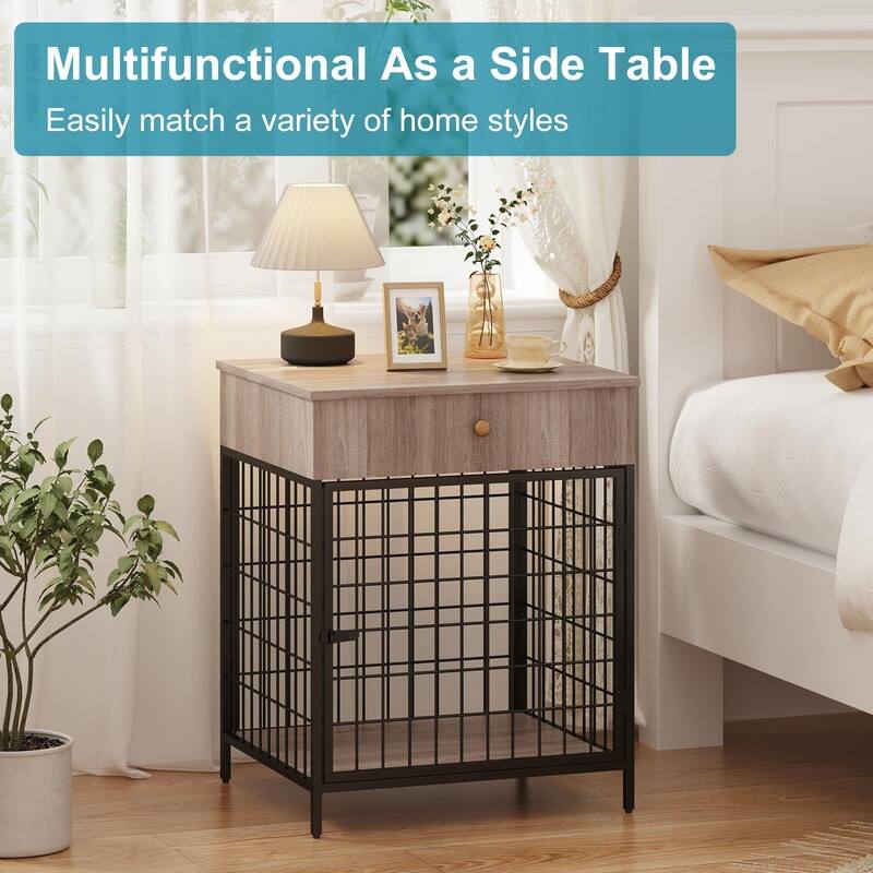 Wooden Dog Kennel Crate Furniture Side Table End Table with Drawer for Small Dogs