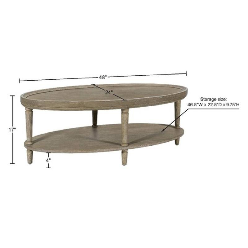 Roomfitters 48-Inch Oval Coffee Table, Martha Stewart Bedford Collection, Reclaimed Greige with Turned Legs and Storage Shelf