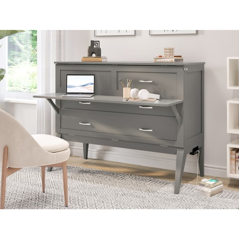 Murphy Bed Desk Full Size - Folding Bed with Memory Foam Mattress & USB - Grey Home Office Space Saver