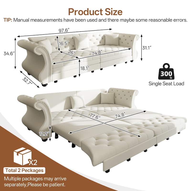 97.6" Oversized Chesterfield Pull-Out Sofa Bed, Velvet Upholstered Sleeper Couch with Roll Arms & Tufting