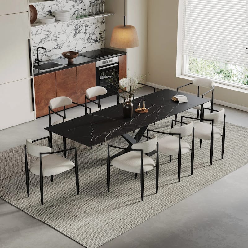 9 - Piece 94.48'' Modern Minimalist Extendable Sintered Stone Top Dining Set with 8 Fabric Chairs