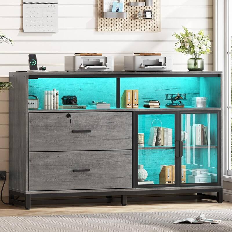 59" LED File Cabinet 2 Drawers Filing Cabinets Legal/Letter/A4 File - Grey