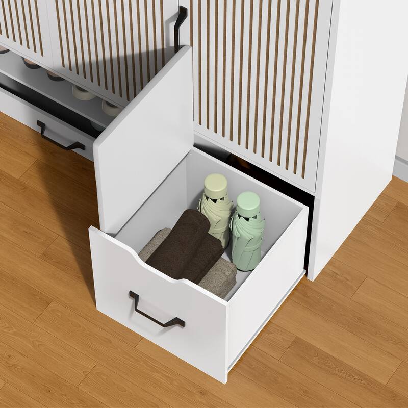 Shoe Bench with Stool & Retractable Drawer, Multifunctional White Cabinet with Adjustable Shelves