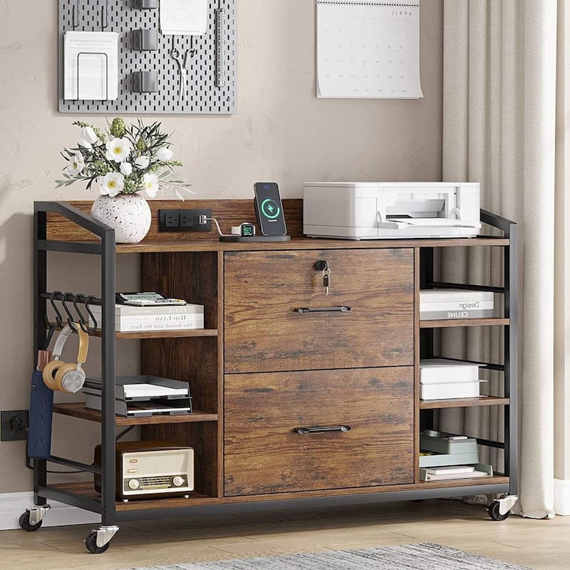 Solid Wood Printer Stand Bookcase with Lock and Power - Brown