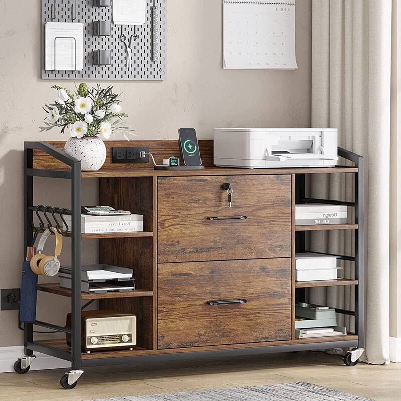 Solid Wood Printer Stand Bookcase with Lock and Power
