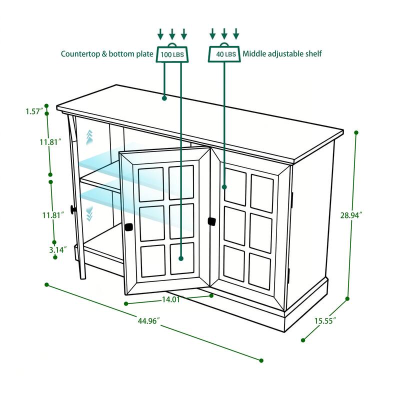 Sideboard Cabinet with 3 Mirrored Acrylic Doors, Multifunctional Wood Storage Cabinet, Accent Cabinet with Adjustable Shelves