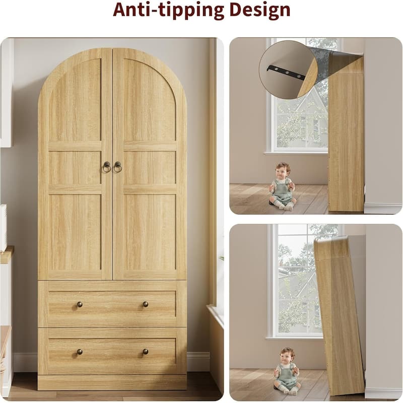 Kitchen Pantry Cabinet, 72" Tall Arched Kitchen Pantry Storage Cabinet, Wood Versatile Rustic Cupboard with Drawers