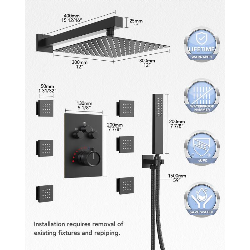 Thermostatic Shower System 12" Rain Shower Head with High Pressure Handheld Spray