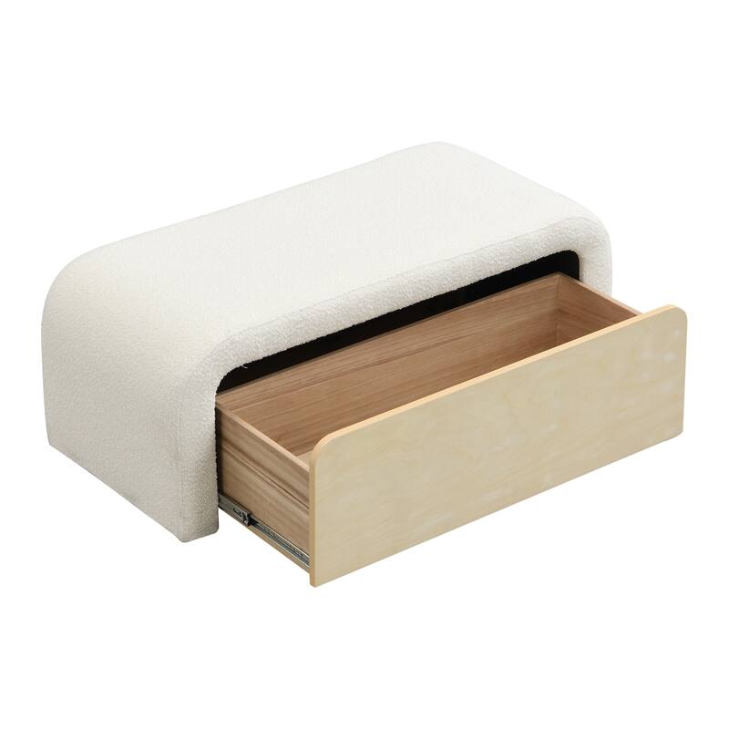 Roomfitters Upholstered Storage Ottoman with Drawer and Rounded Corners, Modern Entryway Bench, White