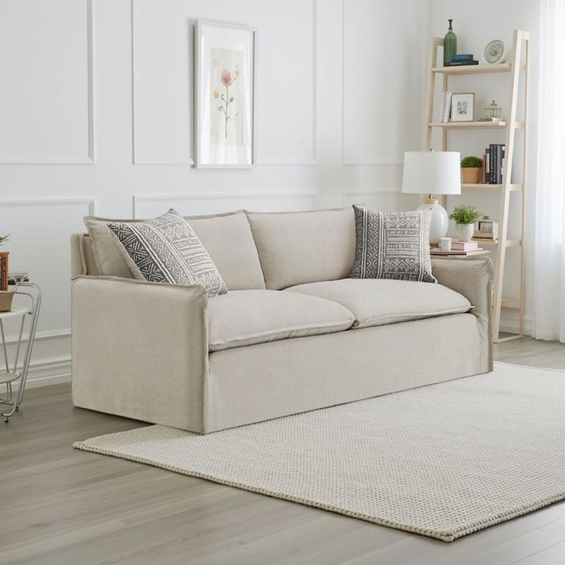 Savoir Sofa, 2 Accent Pillows, Contemporary Beige Linen Fabric 84 Inch