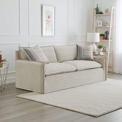 Savoir Sofa, 2 Accent Pillows, Contemporary Beige Linen Fabric 84 Inch