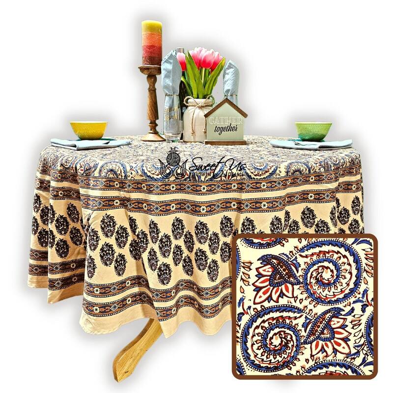 Earthy Spiral Floral Block Print Cotton Tablecloth Collection