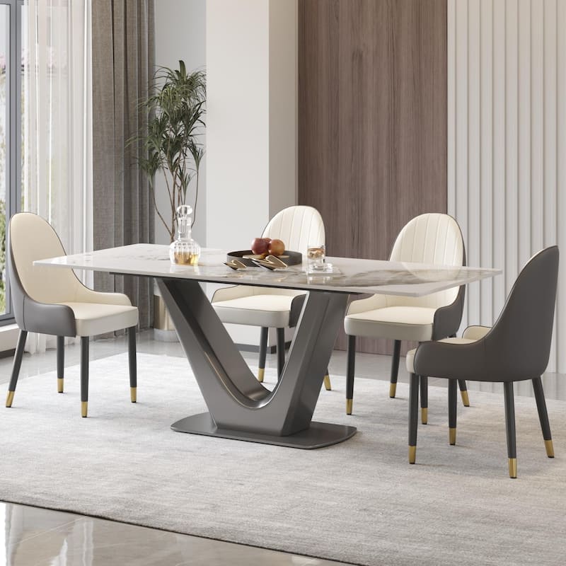 Classic Marble Dining Table Sintered StoneTable Top with Grey Pedestal - 78.74" - Off White
